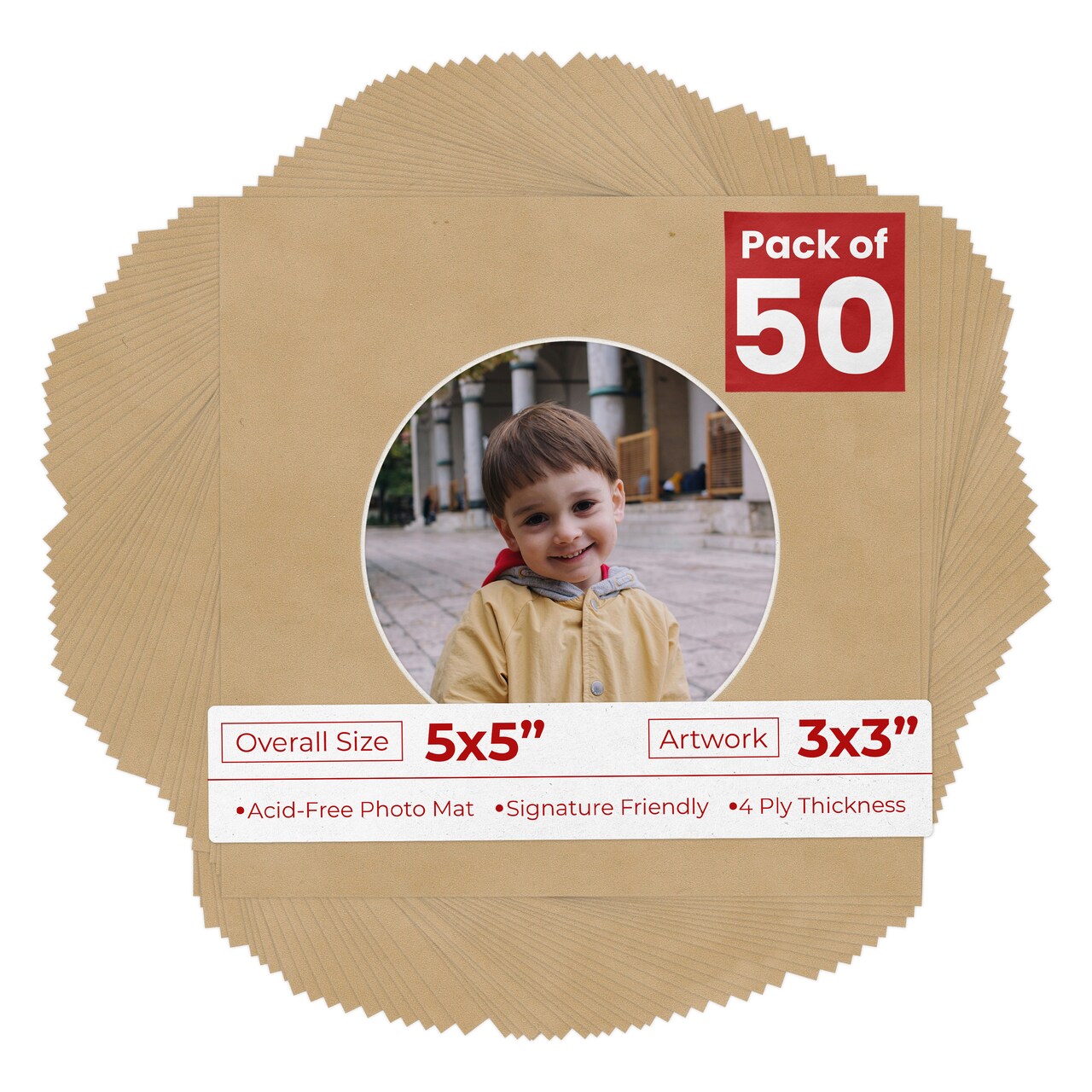 Beige Suede Mat Board for 5x5 Inch Frames - Circle Opening for 3x3 Photos